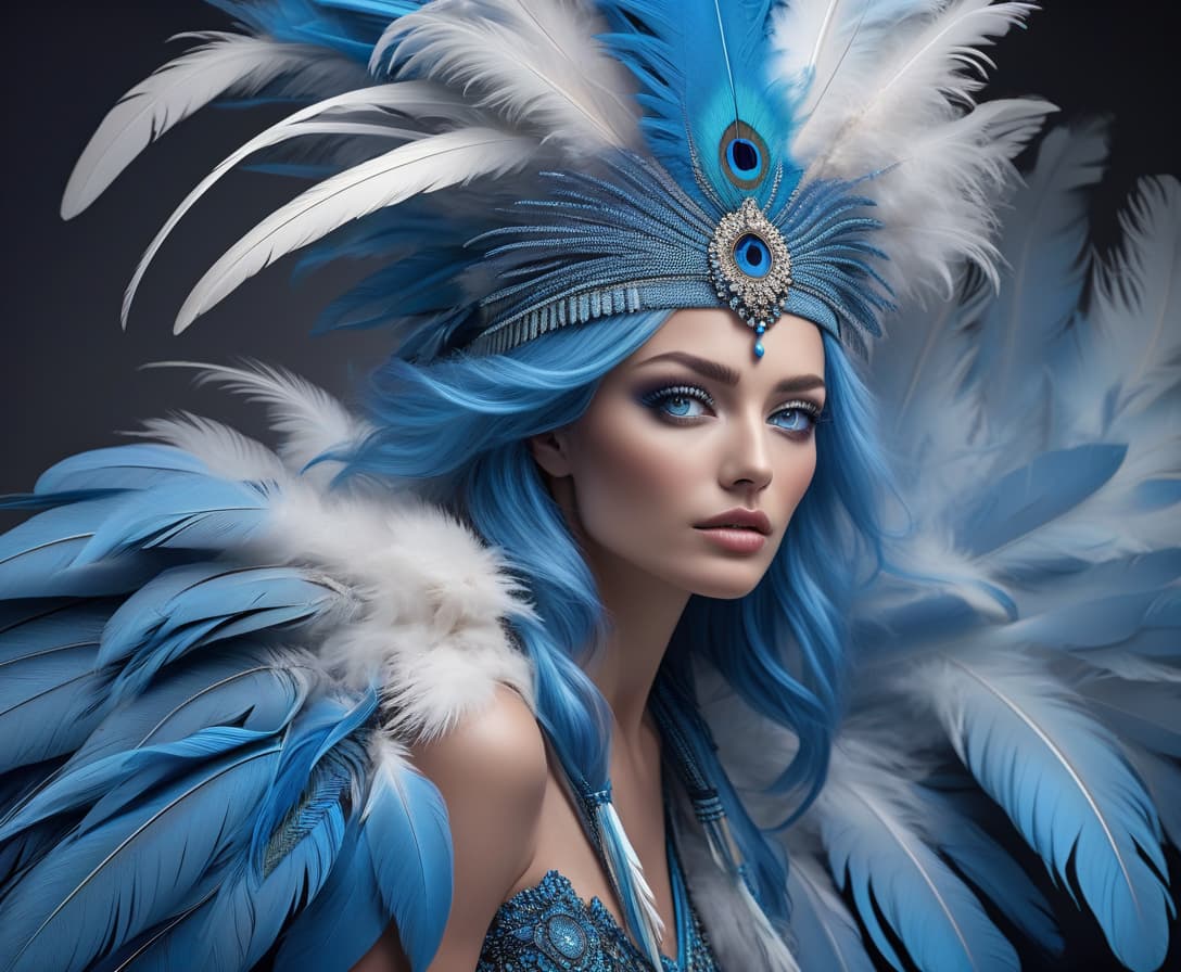  hyperrealistic art "This is a portrait of a person with feathers for hair. Their eyes are a profound, mesmerizing blue. The feathers rustle and shift with their emotions." . extremely high resolution details, photographic, realism pushed to extreme, fine texture, incredibly lifelike hyperrealistic, full body, detailed clothing, highly detailed, cinematic lighting, stunningly beautiful, intricate, sharp focus, f/1. 8, 85mm, (centered image composition), (professionally color graded), ((bright soft diffused light)), volumetric fog, trending on instagram, trending on tumblr, HDR 4K, 8K