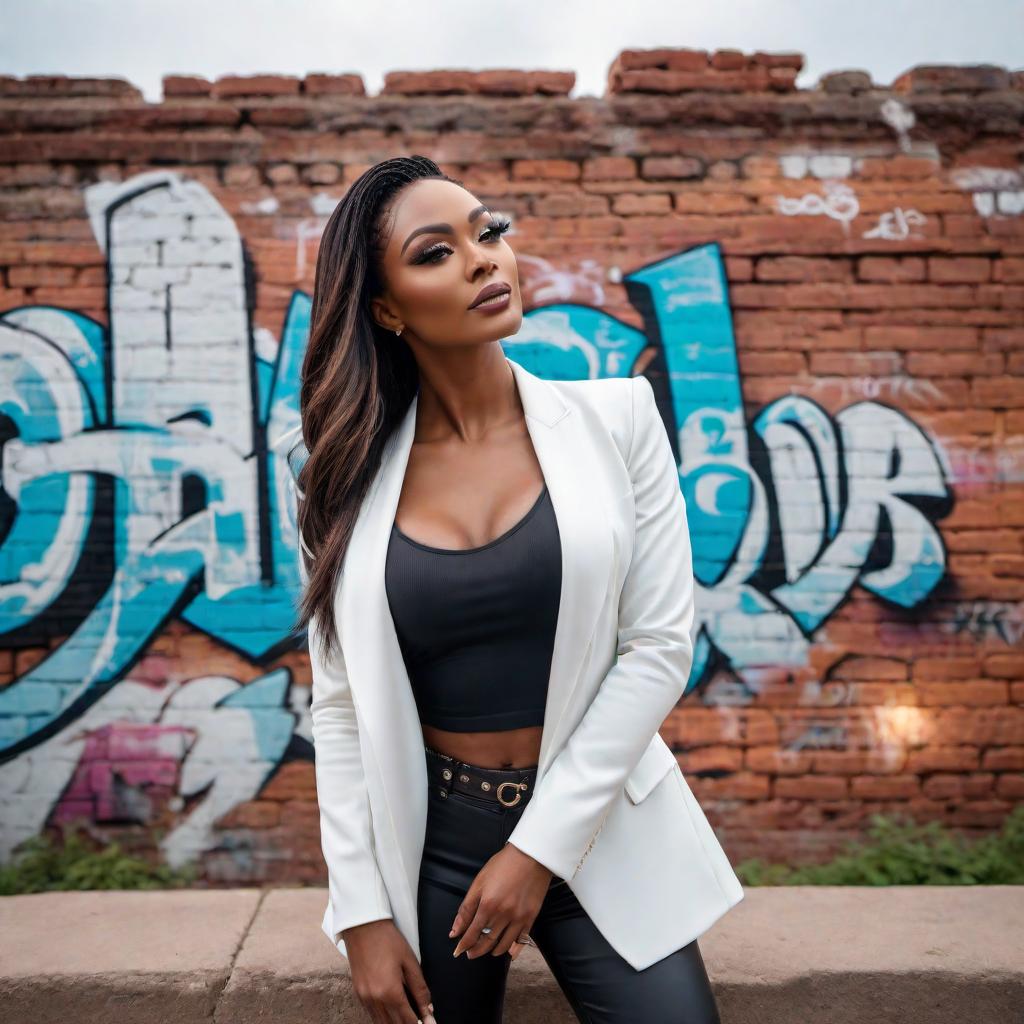  An image of a woman in a white outfit standing in front of a brick wall. Add a cool graffiti background on the brick wall with vibrant colors and abstract designs. Enhance the lighting to give a dramatic and edgy look, and apply a filter that makes the image look sharp and vibrant. hyperrealistic, full body, detailed clothing, highly detailed, cinematic lighting, stunningly beautiful, intricate, sharp focus, f/1. 8, 85mm, (centered image composition), (professionally color graded), ((bright soft diffused light)), volumetric fog, trending on instagram, trending on tumblr, HDR 4K, 8K