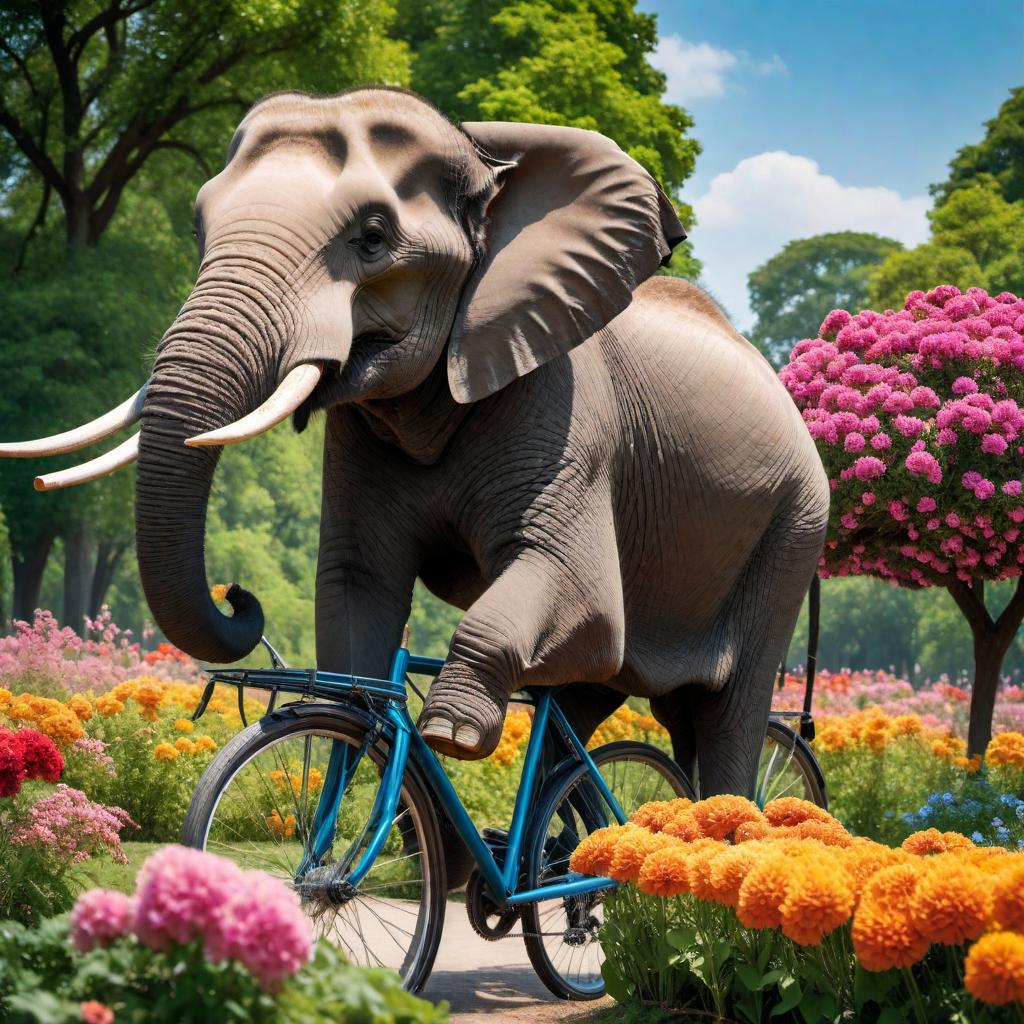  An elephant riding a bicycle in a park with colorful flowers and trees in the background, under a bright blue sky. hyperrealistic, full body, detailed clothing, highly detailed, cinematic lighting, stunningly beautiful, intricate, sharp focus, f/1. 8, 85mm, (centered image composition), (professionally color graded), ((bright soft diffused light)), volumetric fog, trending on instagram, trending on tumblr, HDR 4K, 8K