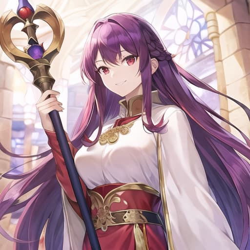  master piece , best quality,Purple semi long hair, red eyes, white robe, red balled staff, medieval town, gentle smile