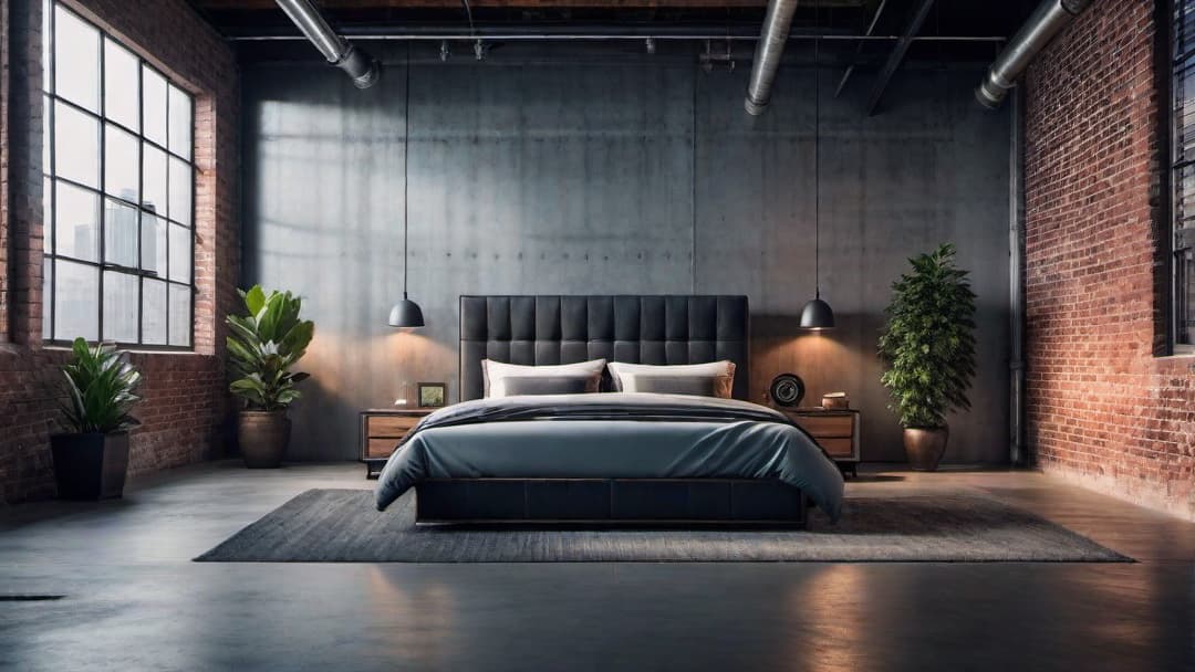  Create an image of a modern industrial style bedroom. The central feature is an industrial bed frame with an industrial headboard, surrounded by exposed brick walls. Use materials like metal, reclaimed wood, and concrete for the decor. Include vintage Edison bulb lighting fixtures and a color palette of charcoal grey, steel blue, and matte black. The overall design should evoke a gritty yet elegant industrial chic vibe. hyperrealistic, full body, detailed clothing, highly detailed, cinematic lighting, stunningly beautiful, intricate, sharp focus, f/1. 8, 85mm, (centered image composition), (professionally color graded), ((bright soft diffused light)), volumetric fog, trending on instagram, trending on tumblr, HDR 4K, 8K