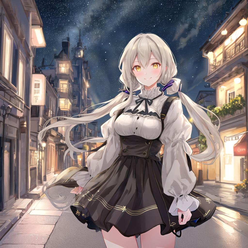  beautiful illustration, best quality, cute girl, outdoor, at night, short twintails, smile hyperrealistic, full body, detailed clothing, highly detailed, cinematic lighting, stunningly beautiful, intricate, sharp focus, f/1. 8, 85mm, (centered image composition), (professionally color graded), ((bright soft diffused light)), volumetric fog, trending on instagram, trending on tumblr, HDR 4K, 8K