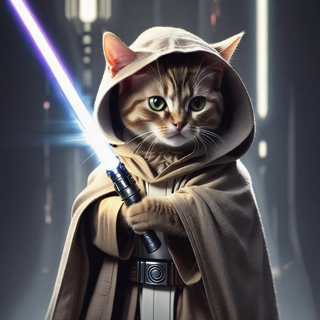  a master jedi cat in star wars holding a lightsaber, wearing a jedi cloak hood, dramatic, cinematic lighting