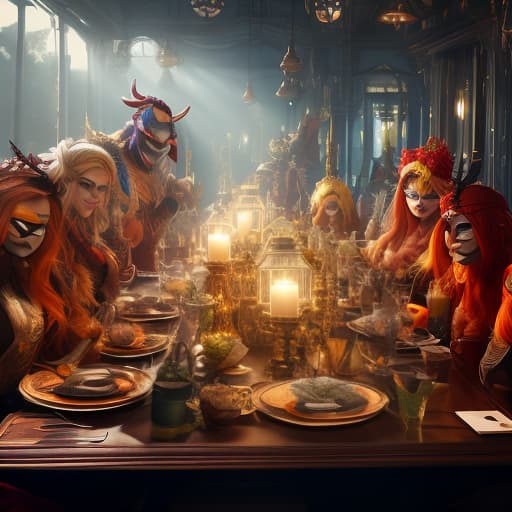  At a table in a bright room, there are ten young people and girls with open faces. Carnival masks on the table., character sheet, concept design, contrast, style by kim jung gi, zabrocki, karlkka, jayison devadas, trending on artstation, 8k, ultra wide angle, pincushion lens effect hyperrealistic, full body, detailed clothing, highly detailed, cinematic lighting, stunningly beautiful, intricate, sharp focus, f/1. 8, 85mm, (centered image composition), (professionally color graded), ((bright soft diffused light)), volumetric fog, trending on instagram, trending on tumblr, HDR 4K, 8K