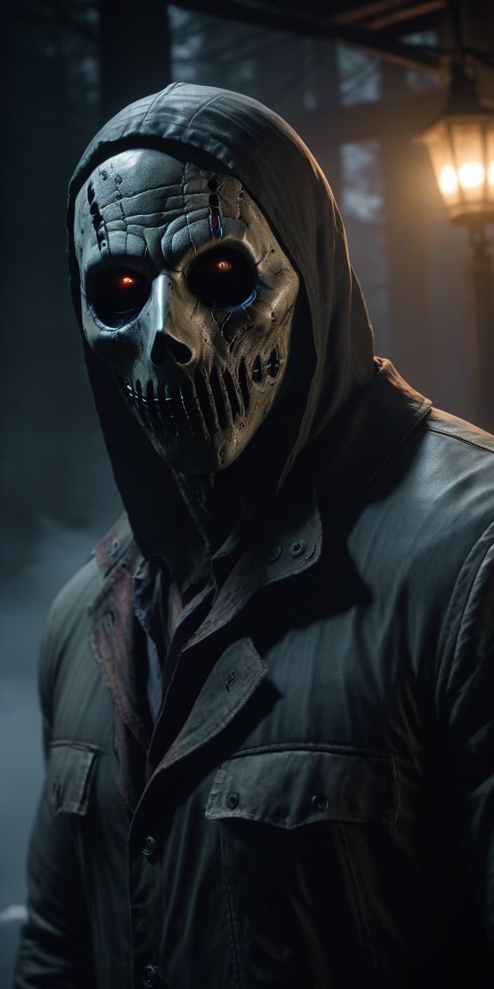  dead by daylight, 320x400 pixel, bunner, The Ghost Face hyperrealistic, full body, detailed clothing, highly detailed, cinematic lighting, stunningly beautiful, intricate, sharp focus, f/1. 8, 85mm, (centered image composition), (professionally color graded), ((bright soft diffused light)), volumetric fog, trending on instagram, trending on tumblr, HDR 4K, 8K