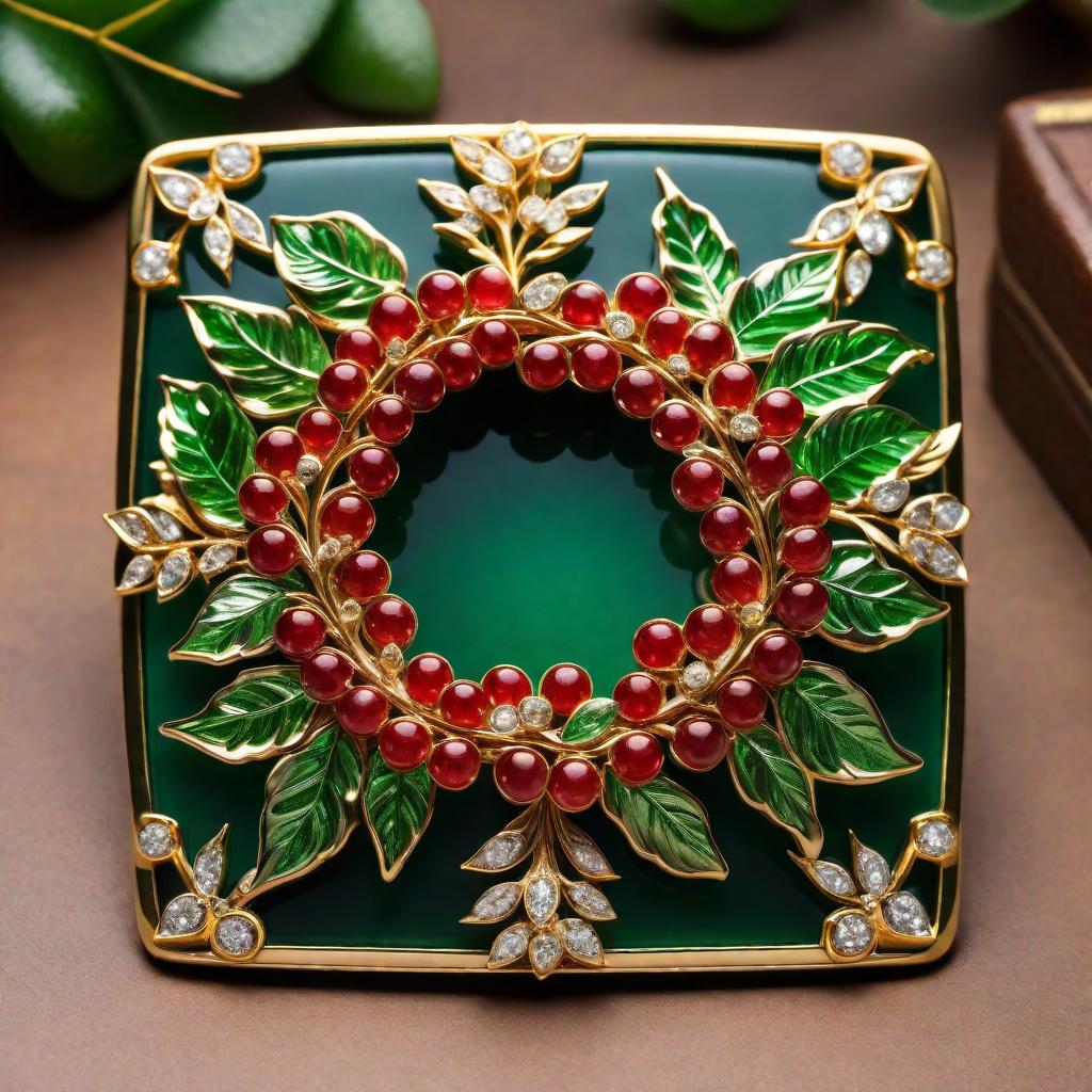  A square belt buckle featuring a mistletoe wreath design. The buckle is gold, red, yellow, and iced out with sparkling details. The green leaves are replaced with many smaller round emeralds instead of leaf-shaped ones. hyperrealistic, full body, detailed clothing, highly detailed, cinematic lighting, stunningly beautiful, intricate, sharp focus, f/1. 8, 85mm, (centered image composition), (professionally color graded), ((bright soft diffused light)), volumetric fog, trending on instagram, trending on tumblr, HDR 4K, 8K