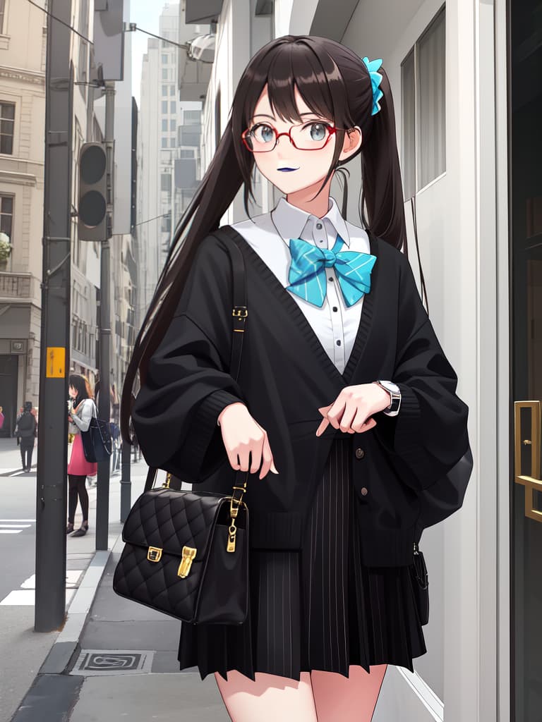  Stylish glasses girls, modern coordinates, ponytails, margin smiles, towns, handbacks, watches, masterpiece, best quality,8k,ultra detailed,high resolution,an extremely delicate and beautiful,hyper detail