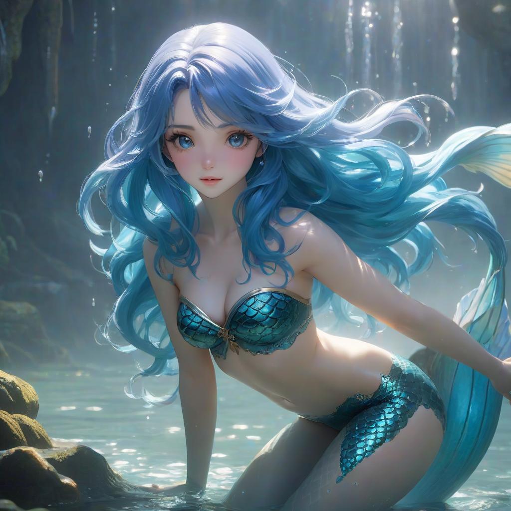  concept art Mermaid with blue hair possesses water magic, with a blue tail. . digital artwork, illustrative, painterly, matte painting, highly detailed, hkmagic hyperrealistic, full body, detailed clothing, highly detailed, cinematic lighting, stunningly beautiful, intricate, sharp focus, f/1. 8, 85mm, (centered image composition), (professionally color graded), ((bright soft diffused light)), volumetric fog, trending on instagram, trending on tumblr, HDR 4K, 8K