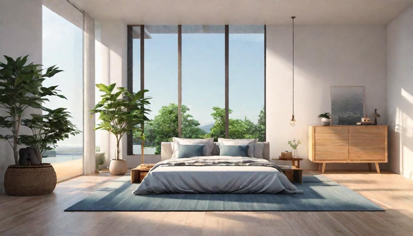  digital illustration, A serene bedroom at dawn, rays of early sunlight gently illuminating a meditation mat on the floor, surrounding objects are minimalistic, calm, reflective, looking at viewer, dynamic pose, (intricate details, masterpiece, best quality)