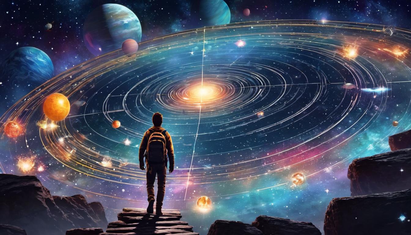  digital illustration cosmic map, human figure on a journey, stepping stones leading through stars, exploration, destiny, purpose looking at viewer, dynamic pose, (intricate details, masterpiece, best quality)