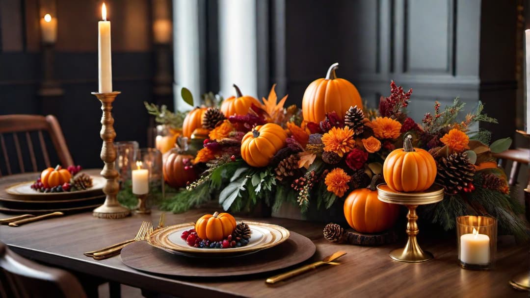  Generate an image of a wedding table centerpiece inspired by autumn colors. The centerpiece should feature a mix of vibrant orange pumpkins, golden leaves, and red berries. Utilize rustic wood slice centerpieces as the base and include a tall candle holder for a romantic glow. Add smaller accents like mini gourds and pinecones for a festive fall wedding ambiance. hyperrealistic, full body, detailed clothing, highly detailed, cinematic lighting, stunningly beautiful, intricate, sharp focus, f/1. 8, 85mm, (centered image composition), (professionally color graded), ((bright soft diffused light)), volumetric fog, trending on instagram, trending on tumblr, HDR 4K, 8K