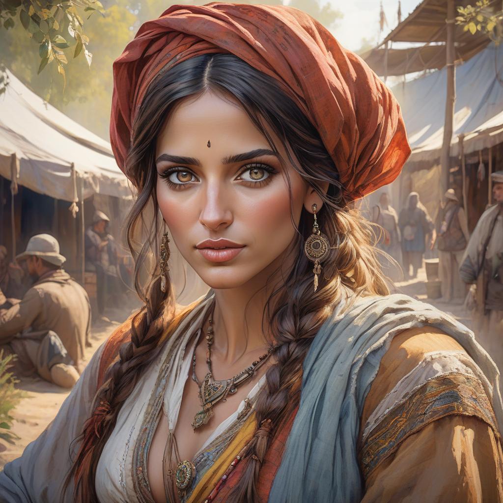  Portrait, watercolor of a beautiful gypsy, digital art, fantasy, detailed and fine facial features, wrinkles, eyes with a charming look, typical costume of a young gypsy, very expressive and detailed eyes, behind her there is a small gypsy camp of which It is one part, post impressionist colorism, soft and velvety texture, by wadim kashin and Carne Griffiths hyperrealistic, full body, detailed clothing, highly detailed, cinematic lighting, stunningly beautiful, intricate, sharp focus, f/1. 8, 85mm, (centered image composition), (professionally color graded), ((bright soft diffused light)), volumetric fog, trending on instagram, trending on tumblr, HDR 4K, 8K