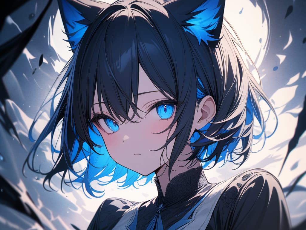  Short hair, light blue mesh, , cat ears, jit eyes, light blue eyes, big s, dark blue hair, light blue inner color, witch, masterpiece, best quality,8k,ultra detailed,high resolution,an extremely delicate and beautiful,hyper detail