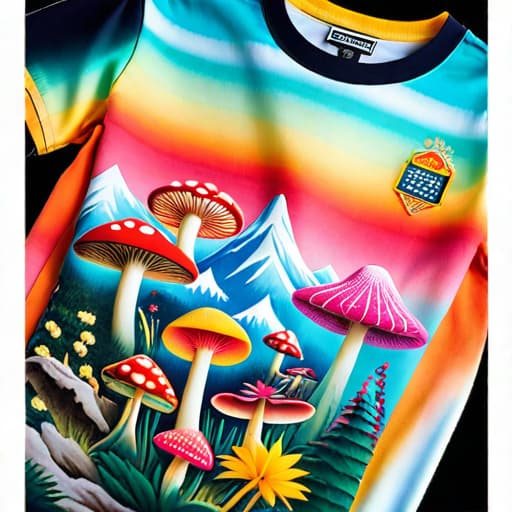  Subject Detail: The image depicts a women’s summer tshirt with summer-colored parts. The tshirt has retro Japanese graphics with magic mushrooms, covered in soft, coloured fur. Medium: This artwork is highly detailed and photorealistic. Art Style: The art style is Irregular Choice and Osamu Tezuka hyperrealistic, full body, detailed clothing, highly detailed, cinematic lighting, stunningly beautiful, intricate, sharp focus, f/1. 8, 85mm, (centered image composition), (professionally color graded), ((bright soft diffused light)), volumetric fog, trending on instagram, trending on tumblr, HDR 4K, 8K