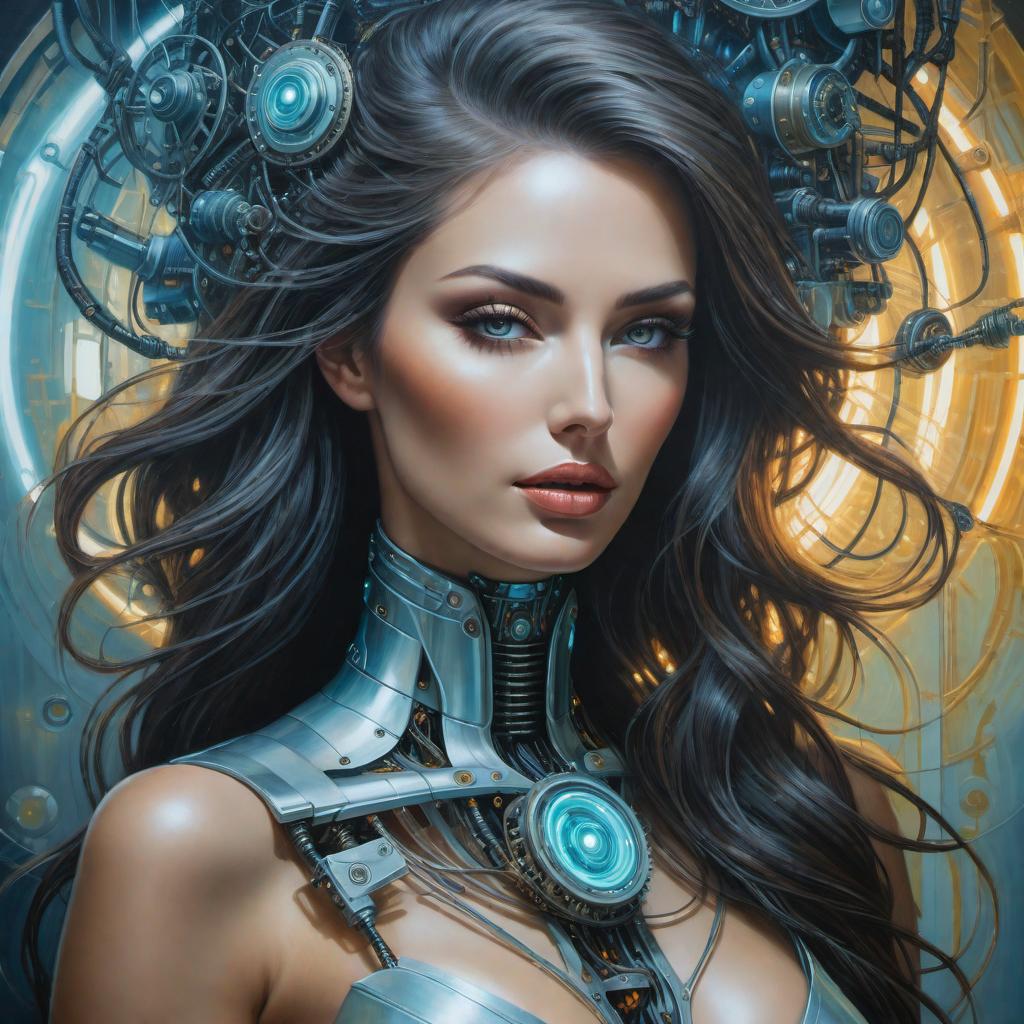  An oil painting of a beautiful woman/robot face combined with kinetic art, reflective and refractive surfaces, and bioluminescent materials. The painting includes elements that visibly move, such as rotating gears or fluttering panels, giving it a dynamic effect. Reflective surfaces, like mirrors and prisms, are integrated to manipulate light, creating dynamic light patterns around the face. Bioluminescent materials highlight parts of the painting, making it glow in the dark and adding an ethereal and mystical quality. The canvas is slightly three-dimensional, incorporating layers and textures that extend outward, framing the face. The overall look should be in oil colors, emphasizing the richness and depth of the medium. hyperrealistic, full body, detailed clothing, highly detailed, cinematic lighting, stunningly beautiful, intricate, sharp focus, f/1. 8, 85mm, (centered image composition), (professionally color graded), ((bright soft diffused light)), volumetric fog, trending on instagram, trending on tumblr, HDR 4K, 8K