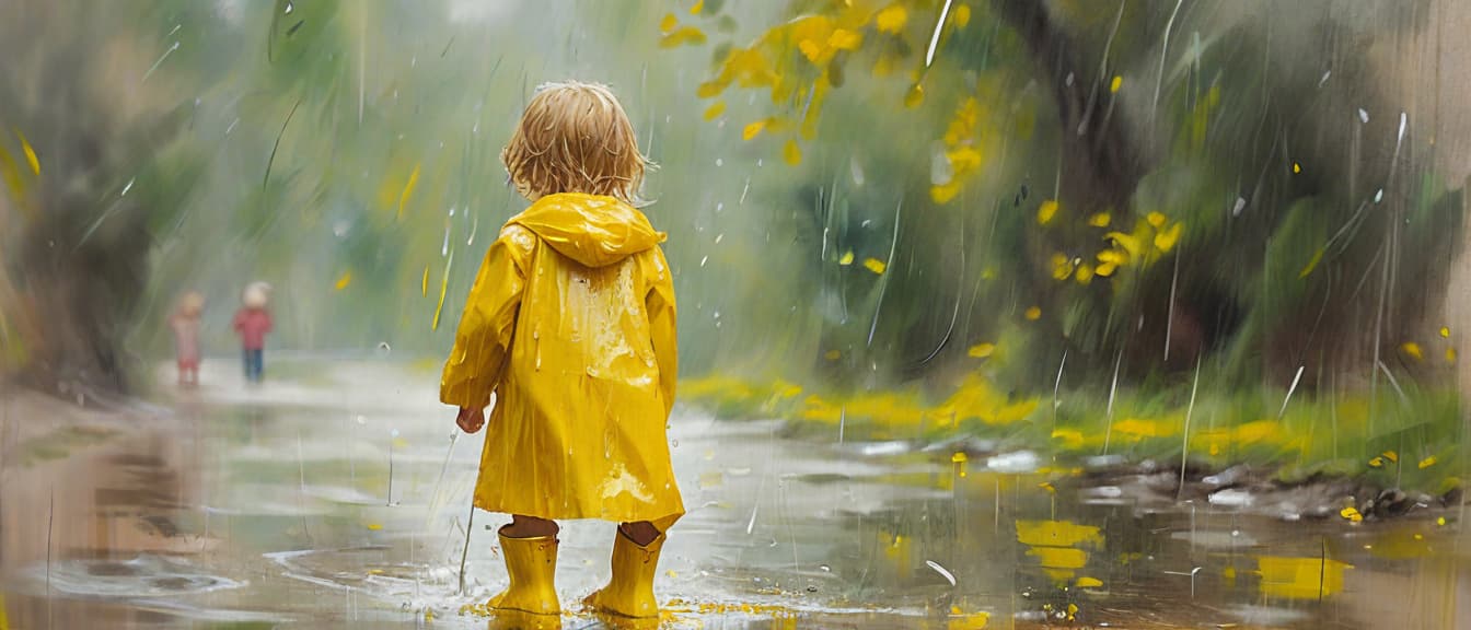  best quality, HD, An oil painting of a child seen from behind wearing a yellow raincoat and rubber boots, playing in the rain, impressionist style, soft brushstrokes, muted background, focus on the bright yellow, joyful and carefree mood