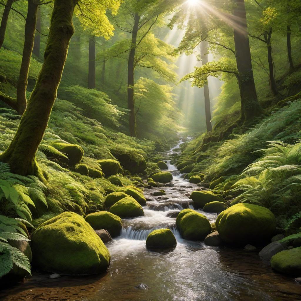  A beautiful dense forest with tall, green trees, sunlight filtering through the leaves, a small stream running through with rocks and moss. Birds and small animals can be seen around, creating a peaceful and lively atmosphere. hyperrealistic, full body, detailed clothing, highly detailed, cinematic lighting, stunningly beautiful, intricate, sharp focus, f/1. 8, 85mm, (centered image composition), (professionally color graded), ((bright soft diffused light)), volumetric fog, trending on instagram, trending on tumblr, HDR 4K, 8K