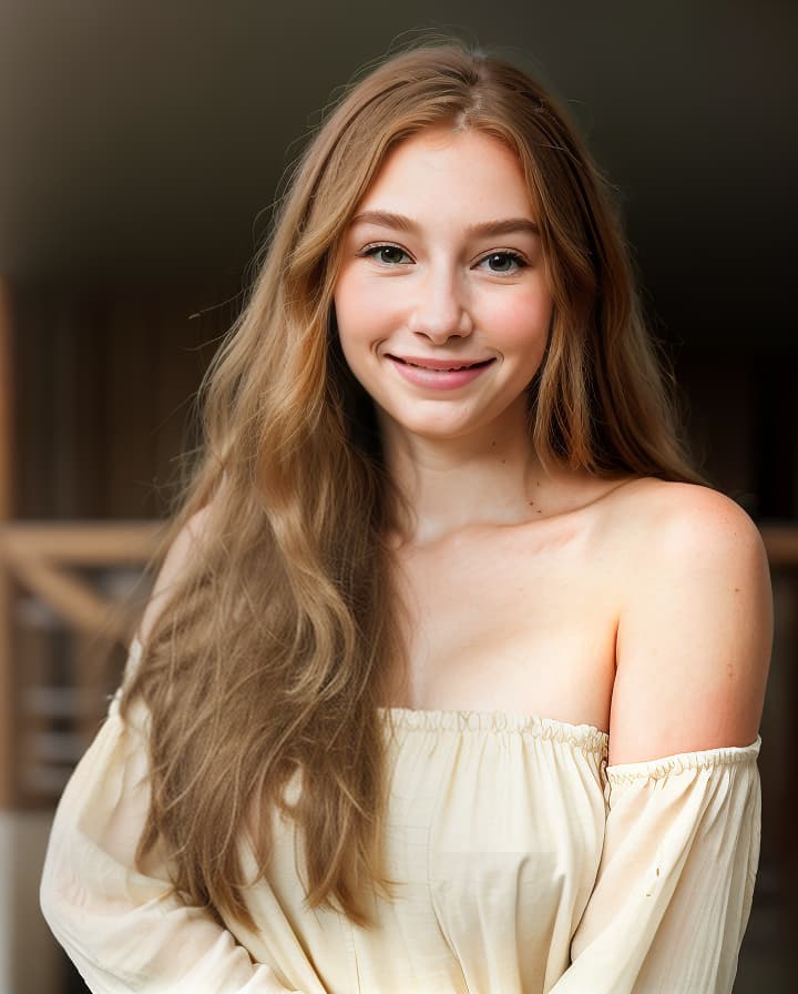  A photo of a beautiful young woman with long, flowing brown hair. She is wearing a black dress and has a soft smile on her face. The background is blurry and out of focus. The image has a warm and inviting feel to it.Art style: realism, high detail, soft lighting, RembrandtAdditional settings: portrait, close up, shallow depth of field, soft focus, warm colors, golden hour  hyperrealistic, full body, detailed clothing, highly detailed, cinematic lighting, stunningly beautiful, intricate, sharp focus, f/1. 8, 85mm, (centered image composition), (professionally color graded), ((bright soft diffused light)), volumetric fog, trending on instagram, trending on tumblr, HDR 4K, 8K