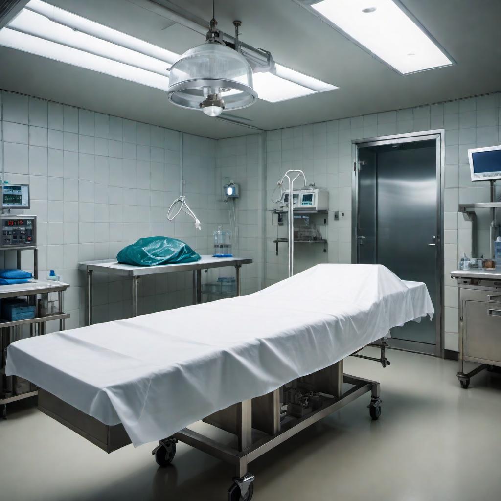  A body lying on a metal table in a morgue, covered partially with a white sheet. The surroundings include medical instruments and equipment. The room has a cold, sterile atmosphere with dim lighting, steel surfaces, and tiled walls. hyperrealistic, full body, detailed clothing, highly detailed, cinematic lighting, stunningly beautiful, intricate, sharp focus, f/1. 8, 85mm, (centered image composition), (professionally color graded), ((bright soft diffused light)), volumetric fog, trending on instagram, trending on tumblr, HDR 4K, 8K