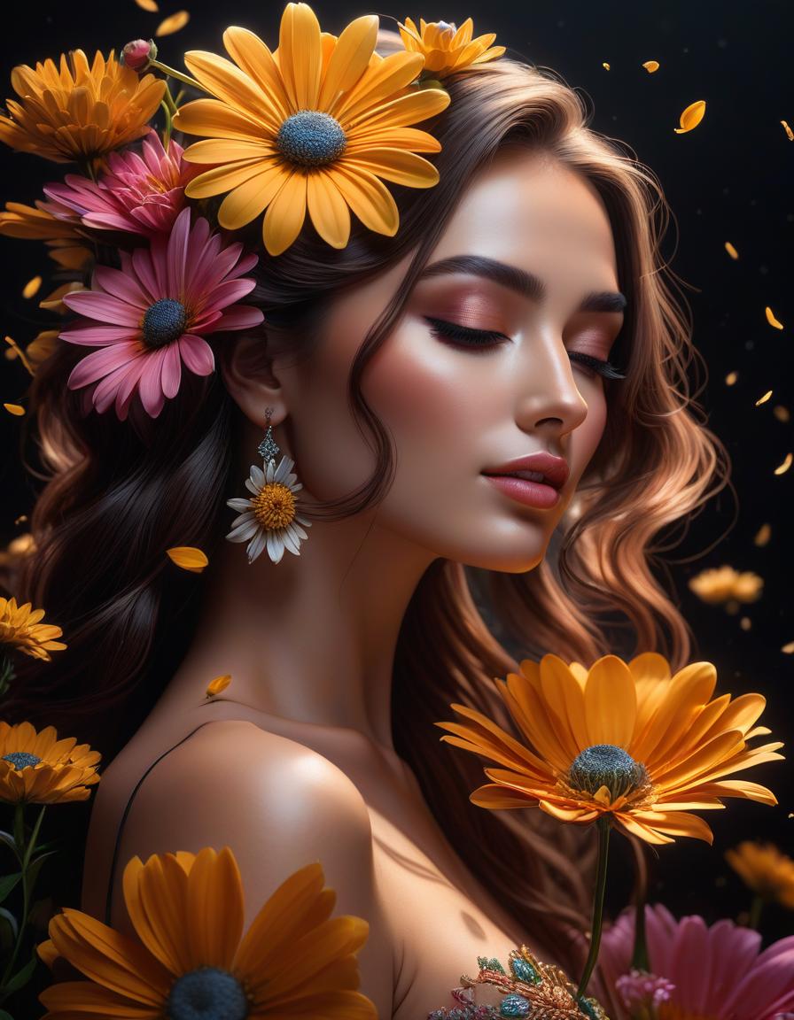  A pretty girl with daisy petals on her face in profile holds a flower with velvety colored petals, each petal emitting a different light. Dark background, slightly dim atmosphere, vivid, colorful image with detailed drawing of the flower and the girl's face. Book cover design with patterns. Medium close up. Artwork. 8k. hyperrealistic, full body, detailed clothing, highly detailed, cinematic lighting, stunningly beautiful, intricate, sharp focus, f/1. 8, 85mm, (centered image composition), (professionally color graded), ((bright soft diffused light)), volumetric fog, trending on instagram, trending on tumblr, HDR 4K, 8K