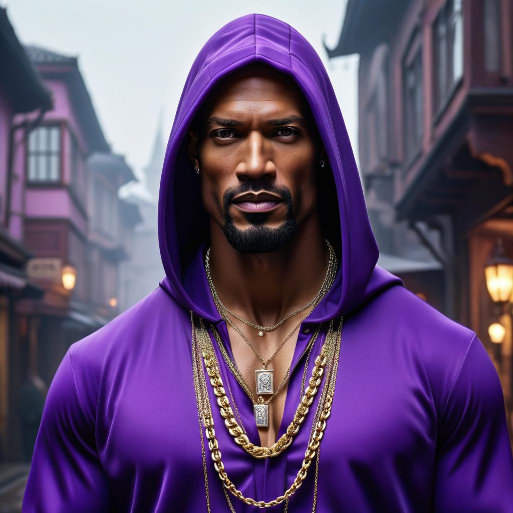  In a cartoon style, the cover is cartoonish, a man in a purple outfit with a thin chain around his neck, Jewelry on his hands, white skin color, tall height, of medium build, in a hood, with a covered face. hyperrealistic, full body, detailed clothing, highly detailed, cinematic lighting, stunningly beautiful, intricate, sharp focus, f/1. 8, 85mm, (centered image composition), (professionally color graded), ((bright soft diffused light)), volumetric fog, trending on instagram, trending on tumblr, HDR 4K, 8K