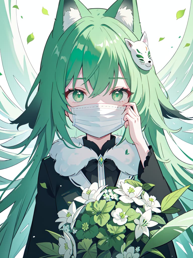  Green hair black suit hiding your face with a white fox mask, masterpiece, best quality,8k,ultra detailed,high resolution,an extremely delicate and beautiful,hyper detail