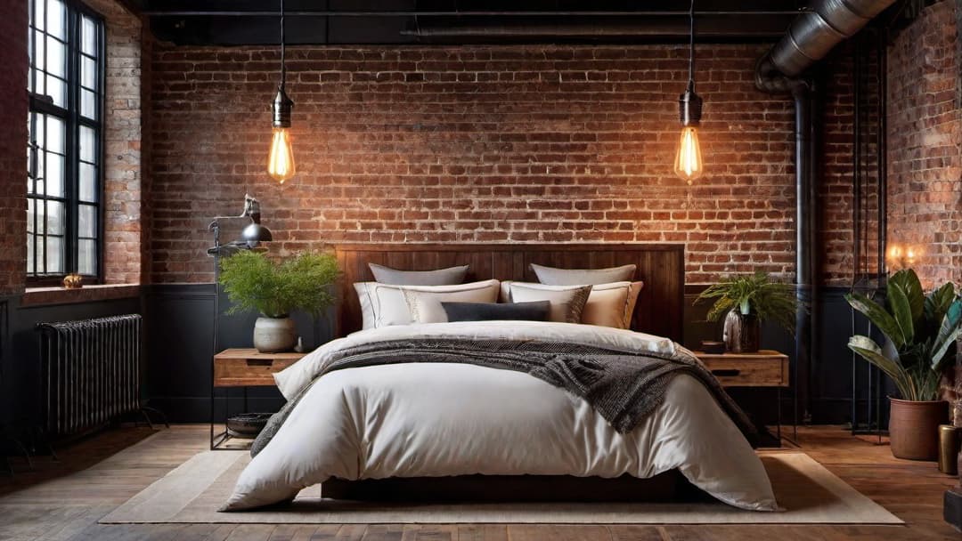  Create an image of an industrial chic bedroom featuring statement industrial pendant lights as the central focus. The room should blend raw, exposed elements with stylish decor, such as distressed wooden flooring, exposed brick walls, and modern furnishings. Include a mix of rugged and refined aesthetics with details like an industrial bed frame with metallic finishes. Ensure that the room exudes a cozy and inviting ambiance with the warm glow of the industrial pendants. hyperrealistic, full body, detailed clothing, highly detailed, cinematic lighting, stunningly beautiful, intricate, sharp focus, f/1. 8, 85mm, (centered image composition), (professionally color graded), ((bright soft diffused light)), volumetric fog, trending on instagram, trending on tumblr, HDR 4K, 8K