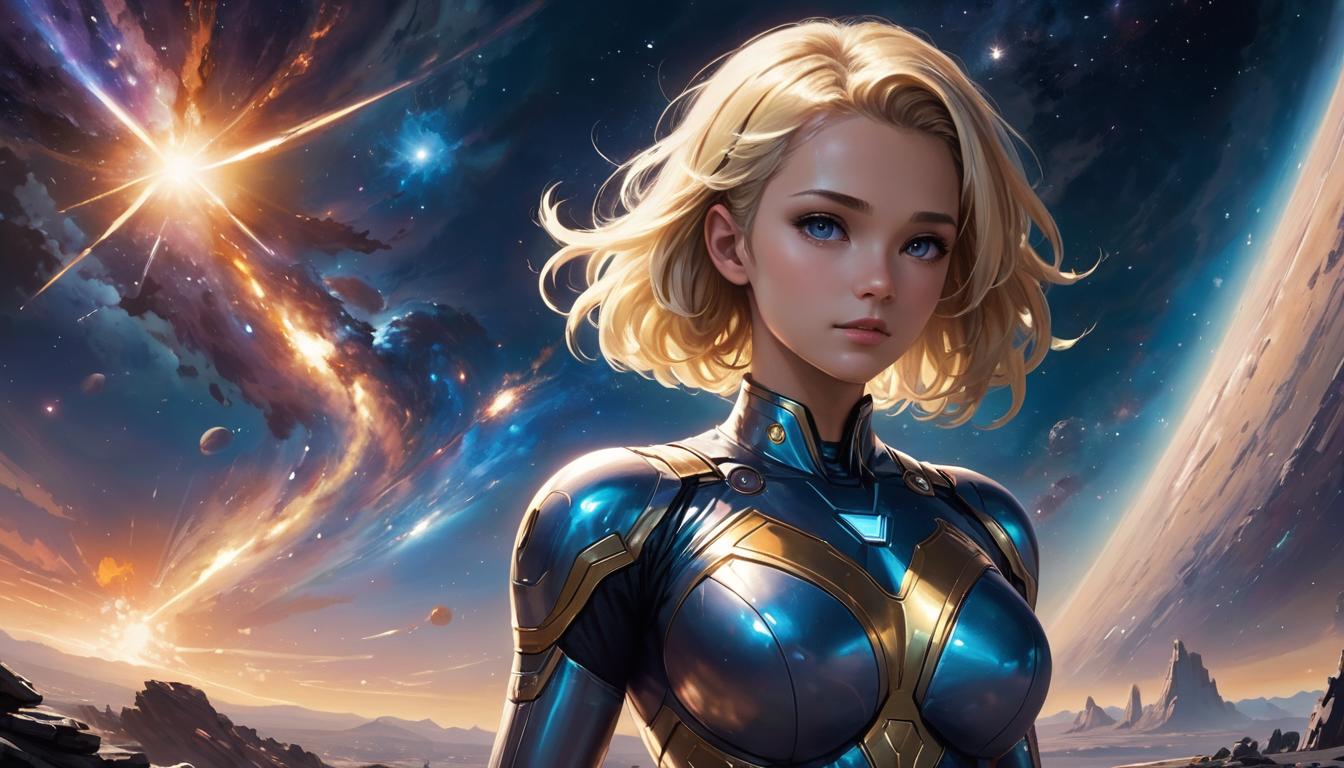  1girl, large busted attractive blonde arian female humanoid, painting a celestial scene, stars and galaxies in the background, creative inspired vibe, high tech clothing clad in sleek, futuristic costume with metallic accents and form fitting designs, marvel superhero comics style, unreal engine rendering