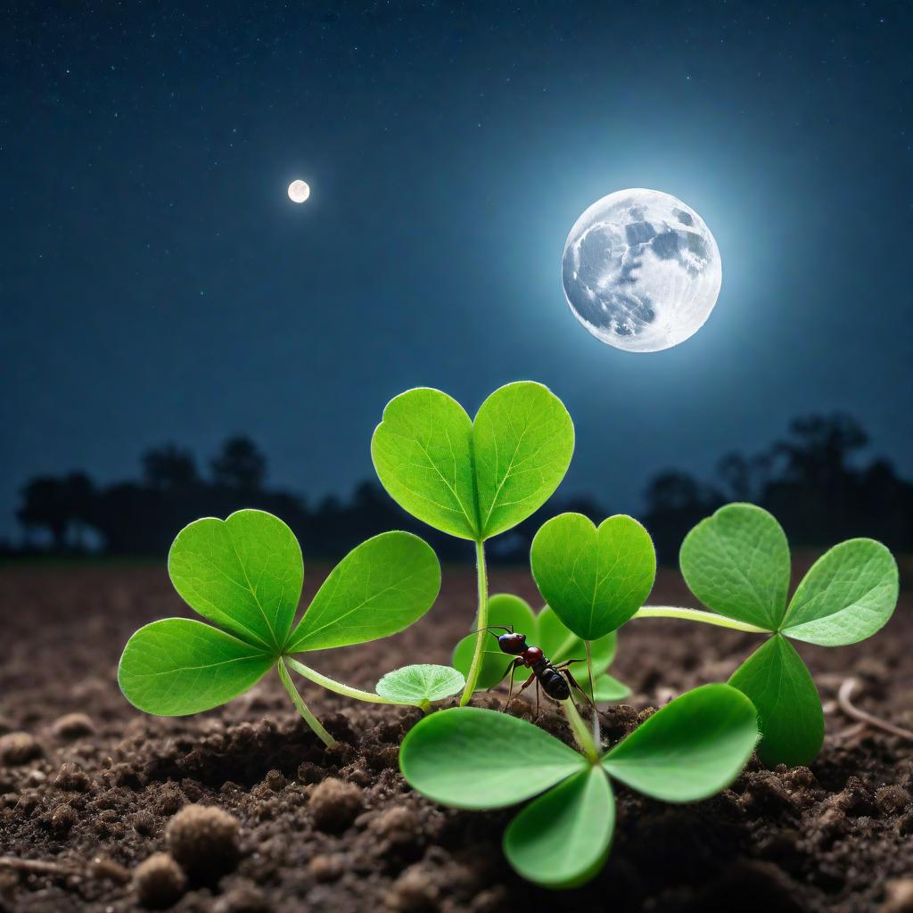  A worm's perspective looking up at an ant on the ground, underneath a green four-leaf clover. The background is a blue night sky with a full moon in view, with no sun, just the light from the moon. hyperrealistic, full body, detailed clothing, highly detailed, cinematic lighting, stunningly beautiful, intricate, sharp focus, f/1. 8, 85mm, (centered image composition), (professionally color graded), ((bright soft diffused light)), volumetric fog, trending on instagram, trending on tumblr, HDR 4K, 8K