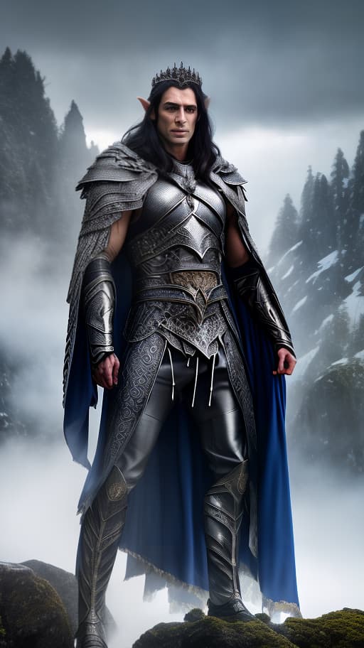  A handsome, masculine, warrior young elf of the male gender with long black hair, gray eyes, sharp featured face, a scar on his face, wearing silver chainmail armor, a blue cape, a crown, standing tall against the backdrop of blue misty mountains., wildlife photography, photograph, high quality, wildlife, f 1.8, soft focus, 8k, national geographic, award winning photograph by nick nichols hyperrealistic, full body, detailed clothing, highly detailed, cinematic lighting, stunningly beautiful, intricate, sharp focus, f/1. 8, 85mm, (centered image composition), (professionally color graded), ((bright soft diffused light)), volumetric fog, trending on instagram, trending on tumblr, HDR 4K, 8K