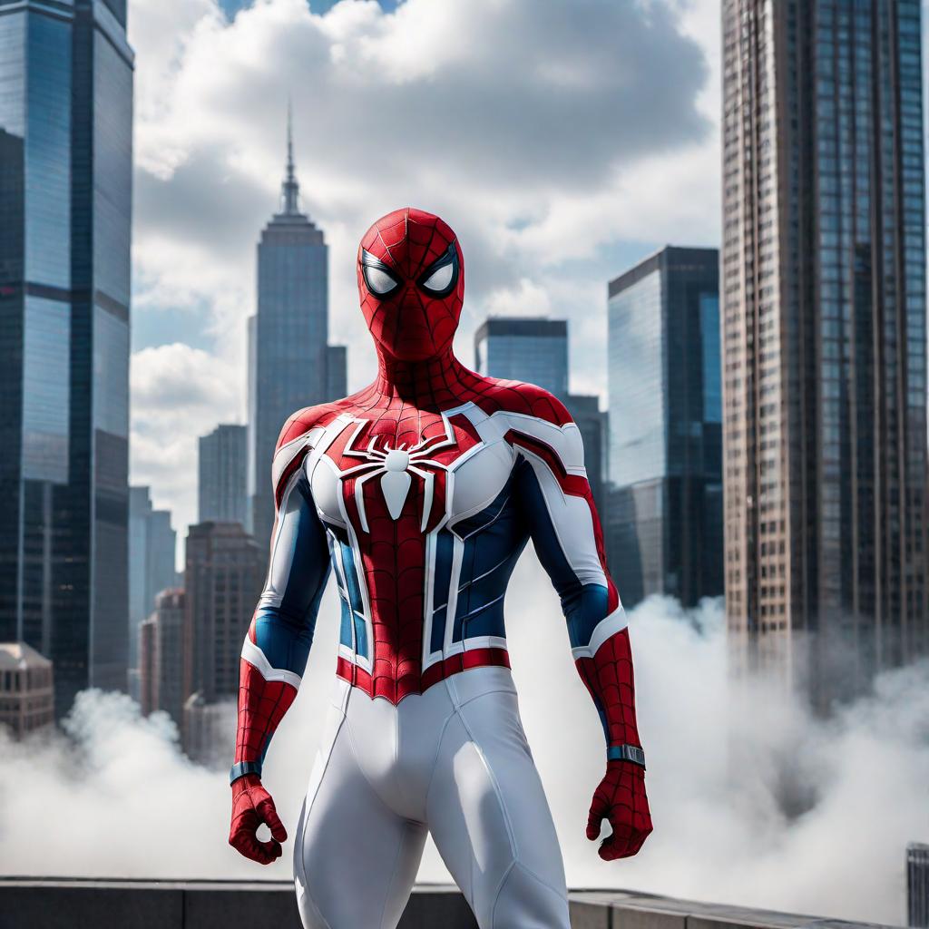  Spiderman in an all-white suit fighting against an unseen opponent, set in an urban cityscape with skyscrapers and a dramatic sky. hyperrealistic, full body, detailed clothing, highly detailed, cinematic lighting, stunningly beautiful, intricate, sharp focus, f/1. 8, 85mm, (centered image composition), (professionally color graded), ((bright soft diffused light)), volumetric fog, trending on instagram, trending on tumblr, HDR 4K, 8K