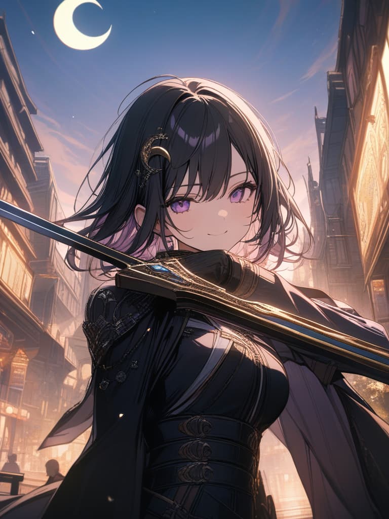  Holy sword,golden sword,burning city,smile,sword raised,golden light,Excalibur,cool girl,Black hair,(purple eyes),short,cropped hair,crescent moon hair ornament, masterpiece, best quality,8k,ultra detailed,high resolution,an extremely delicate and beautiful,hyper detail