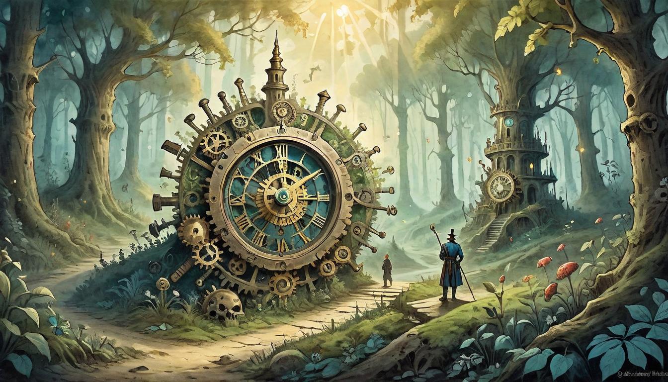  on parchment, surrealism+++, Intricate clockwork gears surrounding a magical staff embedded in the ground, background of an ancient, enchanted forest, beams of sunlight piercing through the foliage, mood of structure, resistance(mysterious, provocative, symbolic,muted color)+++