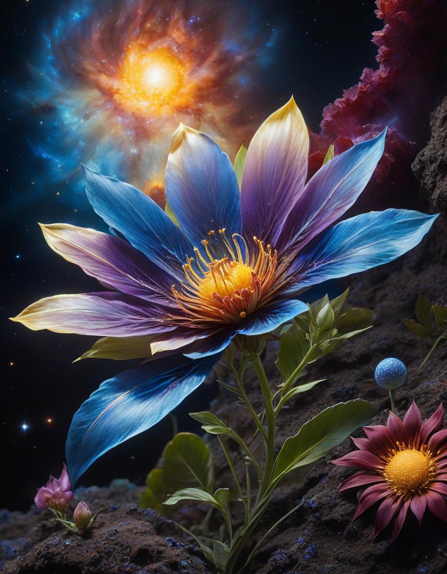  space themed Digital painting with oil paints, a flower growing from the ground with 7 large petals of different colors: blue, yellow, red, green, purple, white, and brown, styles of painting are fantasy art, around many intricate patterns with small but clearly drawn fairy tale details, from the flower a small blue glow emanates, RPG, medium close up. . cosmic, celestial, stars, galaxies, nebulas, planets, science fiction, highly detailed hyperrealistic, full body, detailed clothing, highly detailed, cinematic lighting, stunningly beautiful, intricate, sharp focus, f/1. 8, 85mm, (centered image composition), (professionally color graded), ((bright soft diffused light)), volumetric fog, trending on instagram, trending on tumblr, HDR 4K, 8K