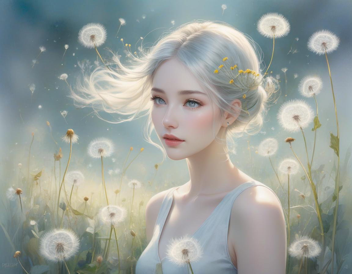  concept art A tranquil image of a young with dandelions in her hair, surrounded by a soft, dreamy landscape. Delicate watercolor painting, ethereal atmosphere, whimsical dandelion hair, floating wishes, eyes reflecting the sky, innocence and wonder, soft pastel colors, gentle strokes, dreamy and airy feel, light and shadow play, intricate details, fine art quality, by Emily Winfield Martin, Etsy, 3000x4000 resolution. . digital artwork, ilrative, painterly, matte painting, highly detailed hyperrealistic, full body, detailed clothing, highly detailed, cinematic lighting, stunningly beautiful, intricate, sharp focus, f/1. 8, 85mm, (centered image composition), (professionally color graded), ((bright soft diffused light)), volumetric fog, trending on instagram, trending on tumblr, HDR 4K, 8K