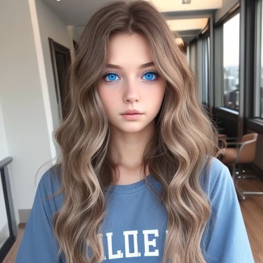  Girl blue eyes light brown wavy long hair pretty