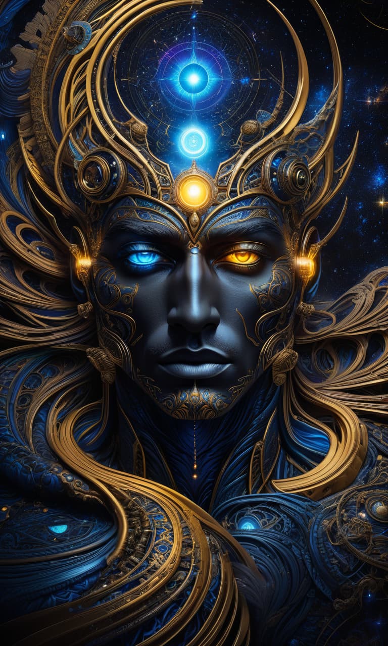  (psychedelic art, high detail, fantasy art: 1.3), mesmerizing male face, brightly glowing eyes with rotating colors, stunning combination of black, blue and yellow hues, intricate designs and patterns, cosmic background with galaxies and stars, ethereal and mystical atmosphere , otherworldly beauty, intricate celestial patterns, cosmic energy emanating from the eyes, a mesmerizing and captivating gaze, transcendental and surreal, a vibrant and dynamic composition, a close up that captures every intricate detail. hyperrealistic, full body, detailed clothing, highly detailed, cinematic lighting, stunningly beautiful, intricate, sharp focus, f/1. 8, 85mm, (centered image composition), (professionally color graded), ((bright soft diffused light)), volumetric fog, trending on instagram, trending on tumblr, HDR 4K, 8K