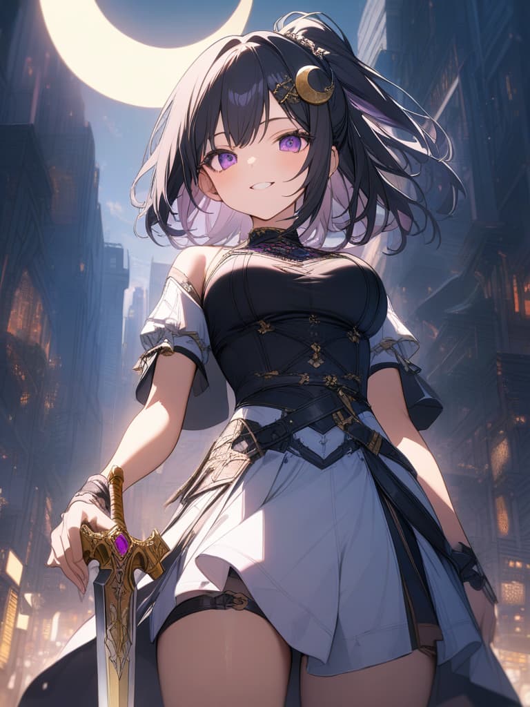  Holy sword,golden sword,burning city,smile,sword raised,golden light,Excalibur,cool girl,Black hair,(purple eyes),short,cropped hair,crescent moon hair ornament, masterpiece, best quality,8k,ultra detailed,high resolution,an extremely delicate and beautiful,hyper detail