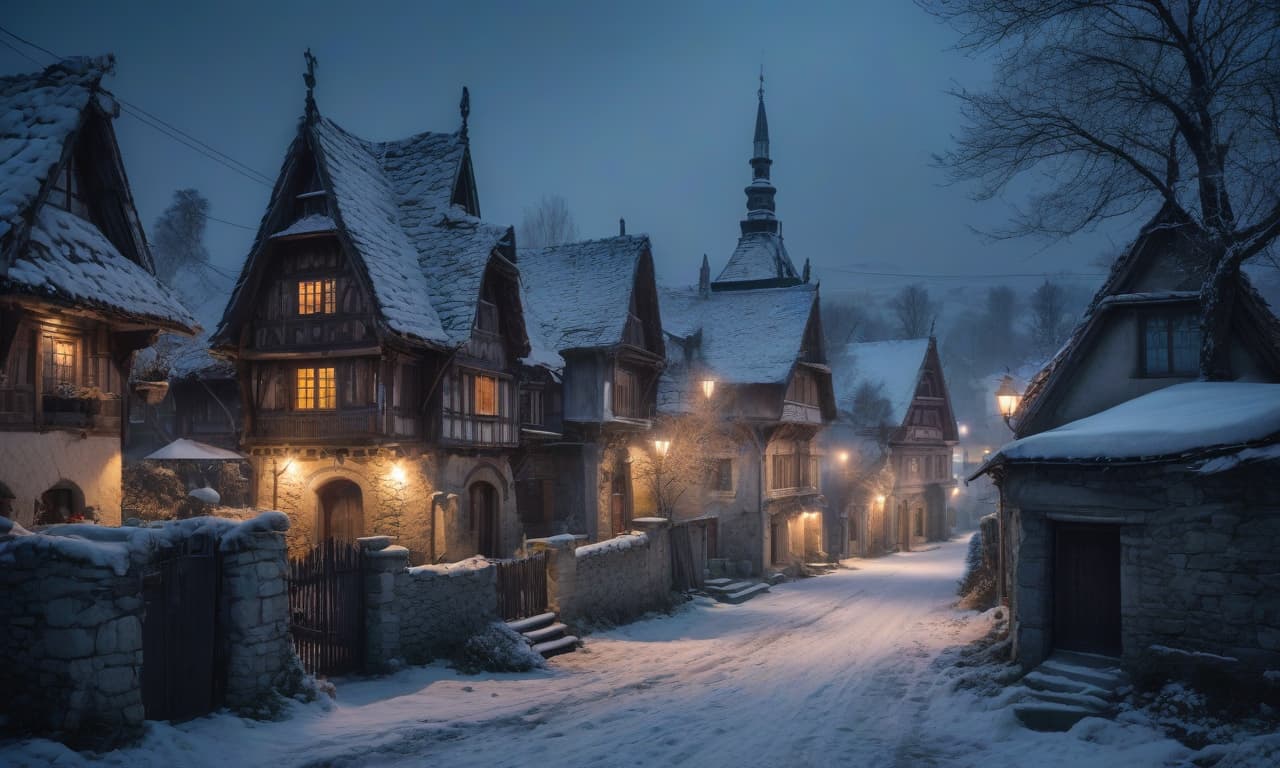  No humans. Small village in Romania in snow at night. In the style of Jean Baptiste Monge, Gothic old shaky buildings. Garlic. Detailed. Lots of embellishments and small details, Detailed look. soft colors, HDR, 4K hyperrealistic, full body, detailed clothing, highly detailed, cinematic lighting, stunningly beautiful, intricate, sharp focus, f/1. 8, 85mm, (centered image composition), (professionally color graded), ((bright soft diffused light)), volumetric fog, trending on instagram, trending on tumblr, HDR 4K, 8K