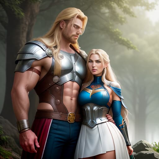  Mighty Thor and Valkyrie (Marvel Comics superheroes) finding time for the simple pleasures of life spend the summer enjoying a well deserved vacation having a barbecue picnic in a picturesque park, the environment emphasizes his unique heroic superpowers and character, bright colors, warm sunshine, carefree mood, fun with humor graphic style. hyperrealistic, full body, detailed clothing, highly detailed, cinematic lighting, stunningly beautiful, intricate, sharp focus, f/1. 8, 85mm, (centered image composition), (professionally color graded), ((bright soft diffused light)), volumetric fog, trending on instagram, trending on tumblr, HDR 4K, 8K