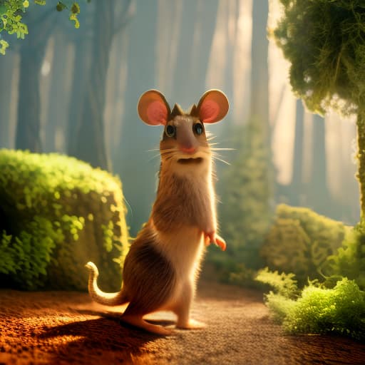 modern disney style A mouse who is runing in forest hyperrealistic, full body, detailed clothing, highly detailed, cinematic lighting, stunningly beautiful, intricate, sharp focus, f/1. 8, 85mm, (centered image composition), (professionally color graded), ((bright soft diffused light)), volumetric fog, trending on instagram, trending on tumblr, HDR 4K, 8K