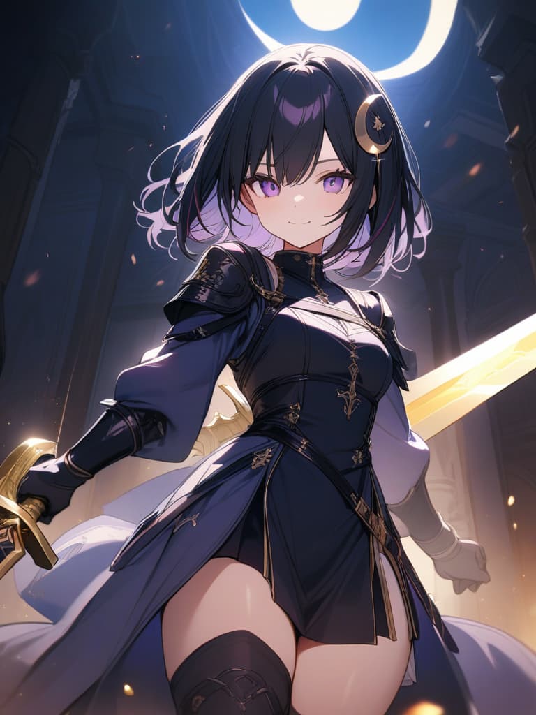  Holy Swordsman,Holy sword,golden sword,sacred place,glare,smile,sword raised,golden light,Excalibur,cool girl,Black hair,(purple eyes),short,cropped hair,crescent moon hair ornament, masterpiece, best quality,8k,ultra detailed,high resolution,an extremely delicate and beautiful,hyper detail