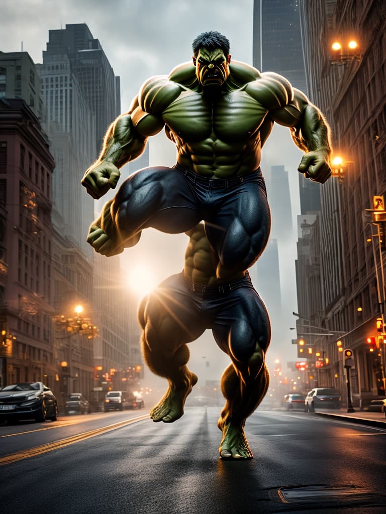  Hulk hyperrealistic, full body, detailed clothing, highly detailed, cinematic lighting, stunningly beautiful, intricate, sharp focus, f/1. 8, 85mm, (centered image composition), (professionally color graded), ((bright soft diffused light)), volumetric fog, trending on instagram, trending on tumblr, HDR 4K, 8K