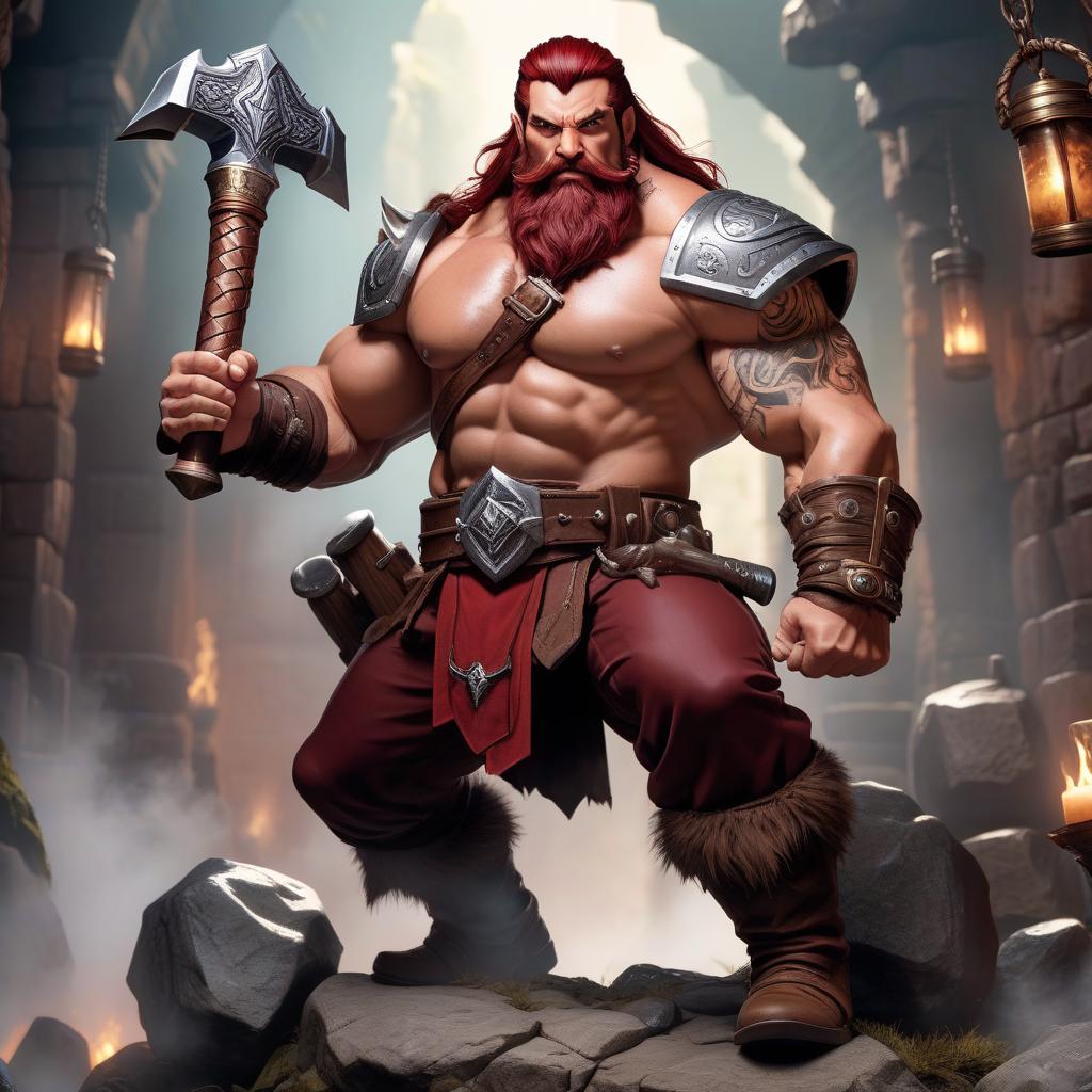  Barbarian dwarf, dark red hair, luxurious beard, white shirt, brown trousers, brown eyes, two handed battle hammer in the left hand, Dungeons and dragons, fantasy, tattoos, glass beer mug in the right hand, fantasy hyperrealistic, full body, detailed clothing, highly detailed, cinematic lighting, stunningly beautiful, intricate, sharp focus, f/1. 8, 85mm, (centered image composition), (professionally color graded), ((bright soft diffused light)), volumetric fog, trending on instagram, trending on tumblr, HDR 4K, 8K