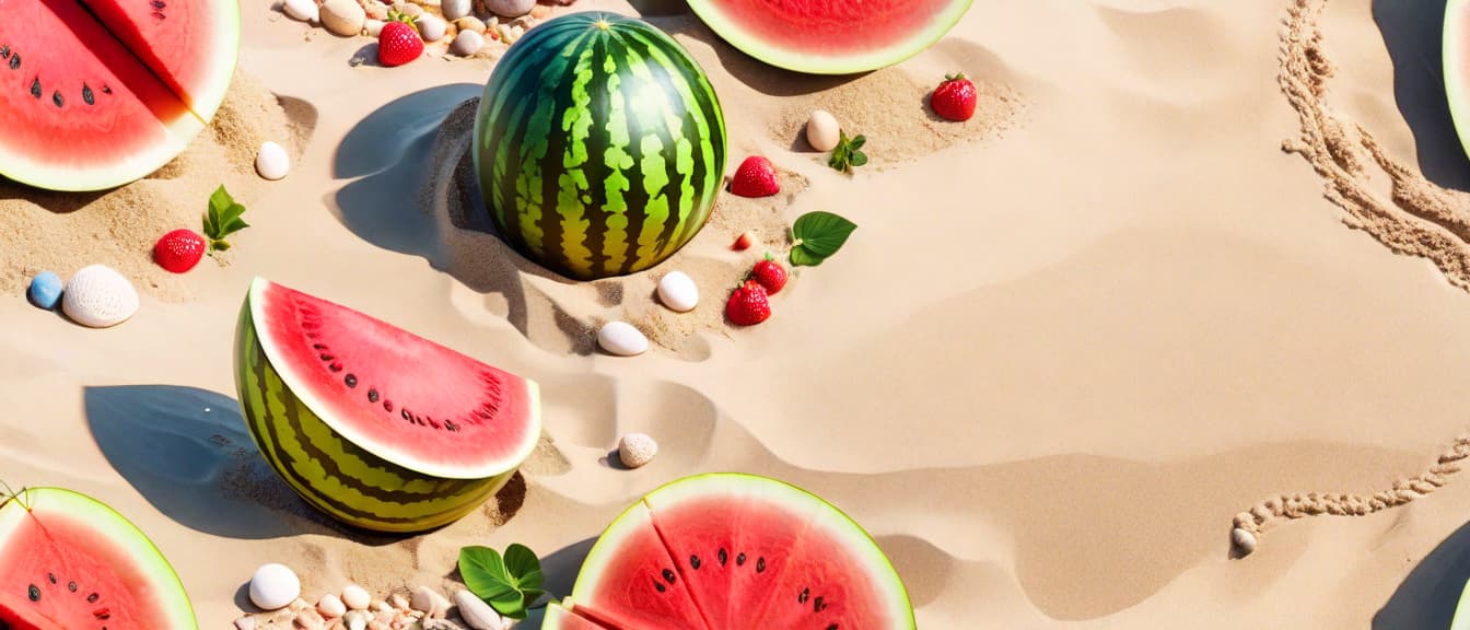  Beach summer panoramic background with Watermelon on the sand