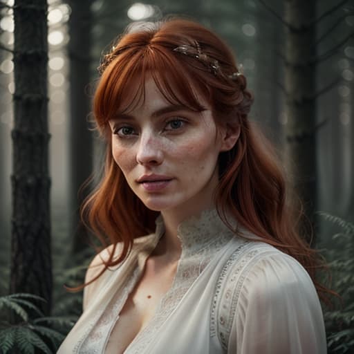  close up of a european woman, ginger hair, winter forest, natural skin texture, 24mm, 4k textures, soft cinematic light, RAW photo, photorealism, photorealistic, intricate, elegant, highly detailed, sharp focus, ((((cinematic look)))), soothing tones, insane details, intricate details, hyperdetailed, low contrast, soft cinematic light, dim colors, exposure blend, hdr, faded hyperrealistic, full body, detailed clothing, highly detailed, cinematic lighting, stunningly beautiful, intricate, sharp focus, f/1. 8, 85mm, (centered image composition), (professionally color graded), ((bright soft diffused light)), volumetric fog, trending on instagram, trending on tumblr, HDR 4K, 8K