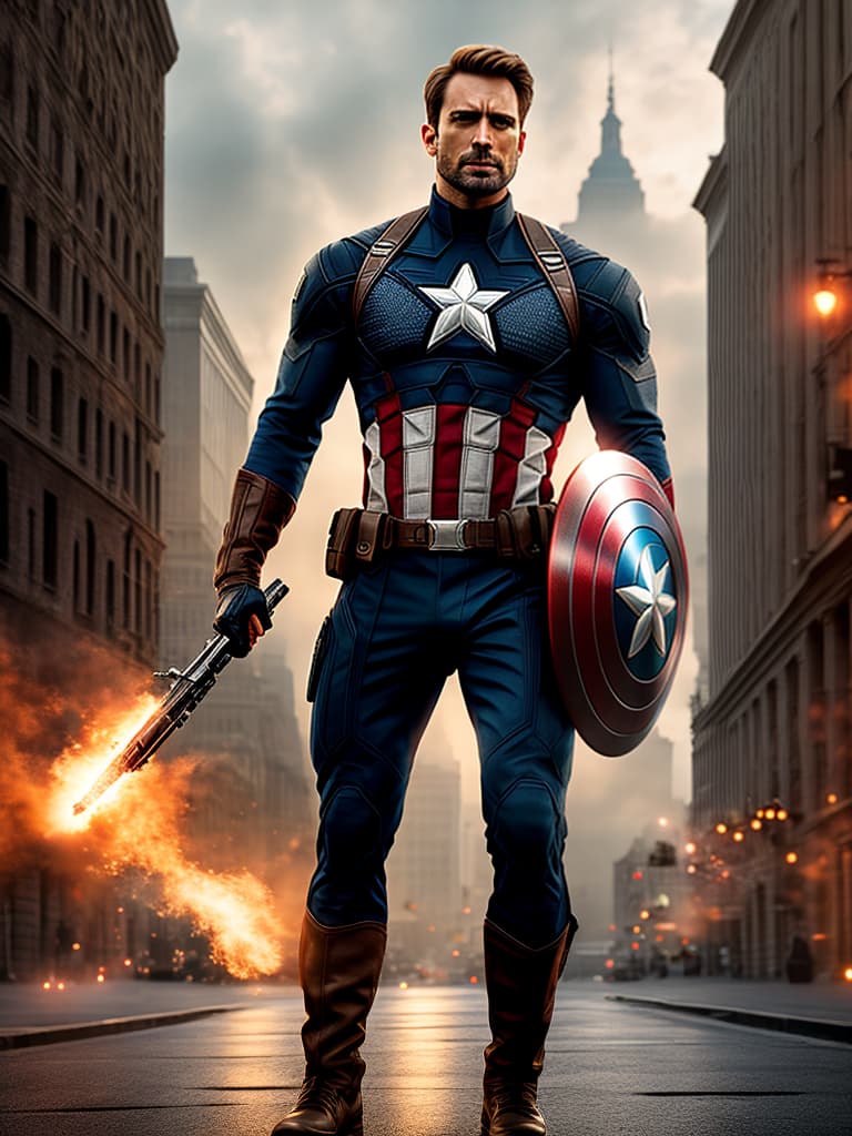  captain america in cinematic poster hyperrealistic, full body, detailed clothing, highly detailed, cinematic lighting, stunningly beautiful, intricate, sharp focus, f/1. 8, 85mm, (centered image composition), (professionally color graded), ((bright soft diffused light)), volumetric fog, trending on instagram, trending on tumblr, HDR 4K, 8K