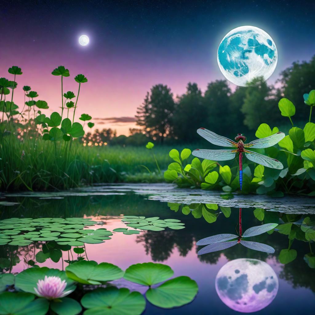  A lower, worm's-eye view showing a single dragonfly flying upwards towards the sky from a four-leaf clover at the edge of a pond. The dragonfly has vibrant reflective green, purple, and blue colors. The pond clearly reflects both the colorful dragonfly and the full moon. The background features a blue night sky with a full moon in view and stars lightly scattered around. The image captures the details of the vibrant dragonfly, the four-leaf clover, and the serene beauty of the night sky, particularly focusing on the reflections of the colorful dragonfly and the moon in the pond. hyperrealistic, full body, detailed clothing, highly detailed, cinematic lighting, stunningly beautiful, intricate, sharp focus, f/1. 8, 85mm, (centered image composition), (professionally color graded), ((bright soft diffused light)), volumetric fog, trending on instagram, trending on tumblr, HDR 4K, 8K