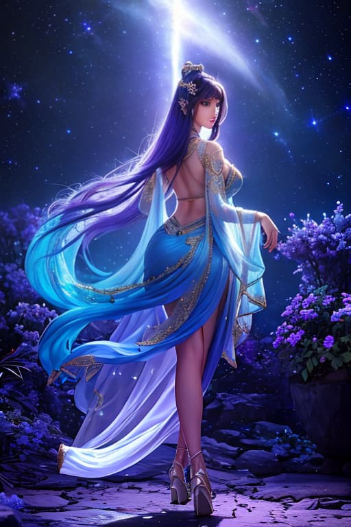  The figure is walking towards the Milky Way in an elegant manner from the back. The Milky Way emits a beautiful combination of purple and blue colors, and numerous stars are shining. The sky is dark at night, but the light of the Milky Way illuminates the surroundings brightly. The light of the Milky Way stretches out like a road in front of the character, brightly illuminating the path she walks. Overall, this scene creates a mysterious and fantastic atmosphere, as if you could see it in a dream. The way the figure walks is soft and graceful, and combined with the beauty of the Milky Way, it creates a picturesque scene. A figure can be seen slightly to the left of the center of the image. The figure has long black semi curly hair that hang hyperrealistic, full body, detailed clothing, highly detailed, cinematic lighting, stunningly beautiful, intricate, sharp focus, f/1. 8, 85mm, (centered image composition), (professionally color graded), ((bright soft diffused light)), volumetric fog, trending on instagram, trending on tumblr, HDR 4K, 8K