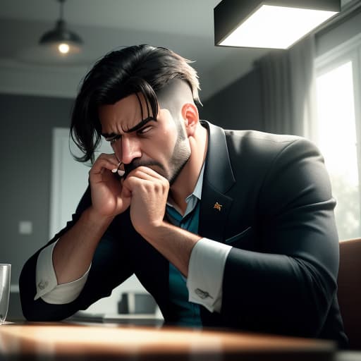  a man in his anger slams his hands on the table and at the same time everything in the room is blown from its spot as if a bomb went off, hyperrealistic, high quality, highly detailed, perfect lighting, intricate, sharp focus, f/1. 8, 85mm, (centered image composition), (professionally color graded), ((bright soft diffused light)), trending on instagram, HDR 4K, 8K